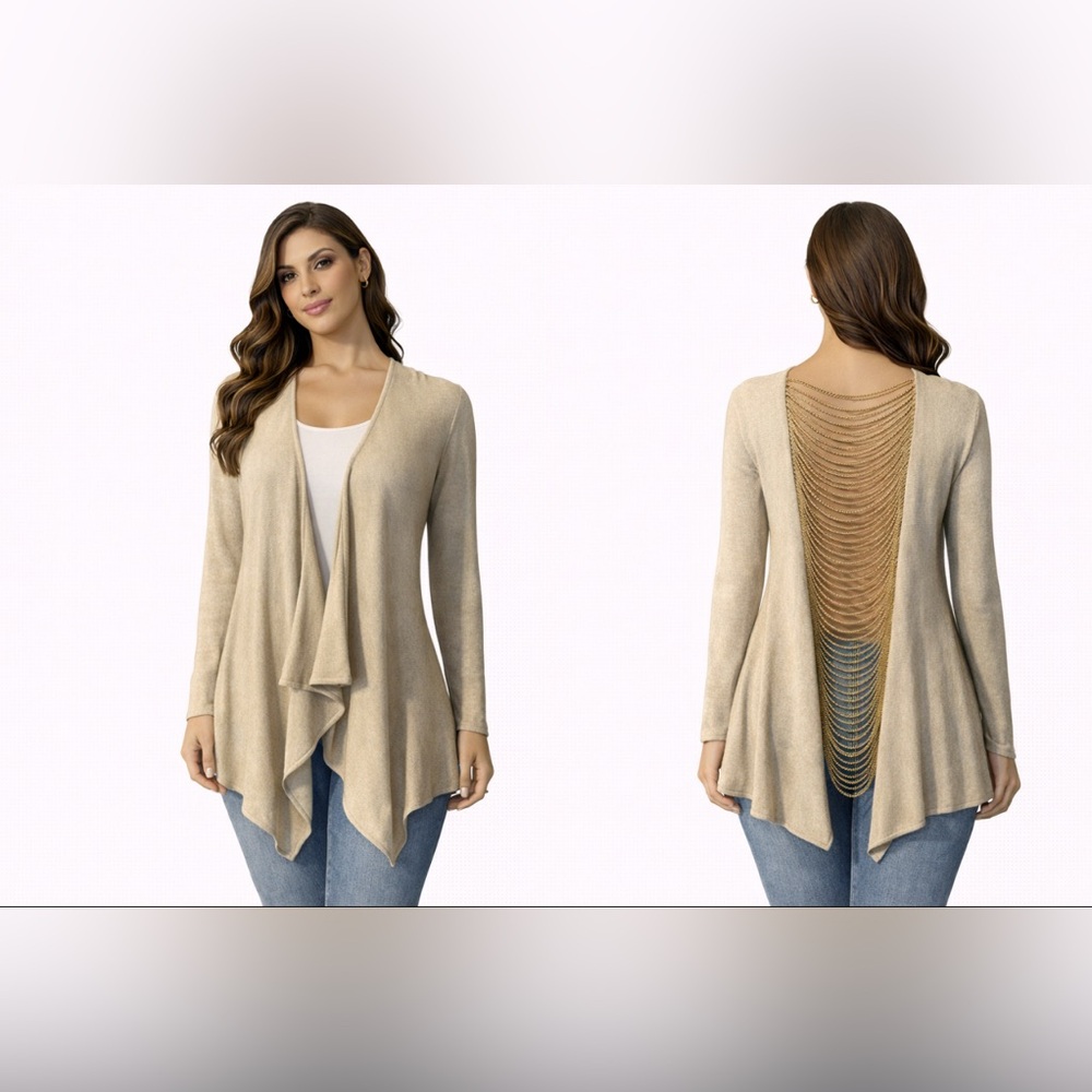 Sky Brand Cashmere Touch Cardigan Gold Chain Back Open Front Cream Tan NEW